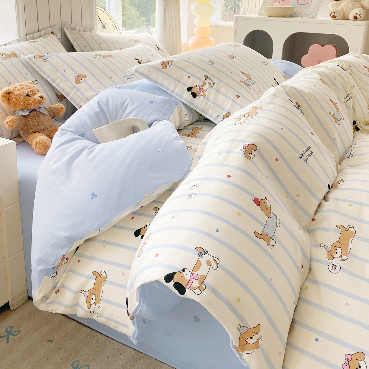 91家纺网 家纺一手货源 找家纺 金丝兔 2026新款ins新疆全棉印花小清新纯棉单被套（提供买家秀和质检报告） 条纹小狗