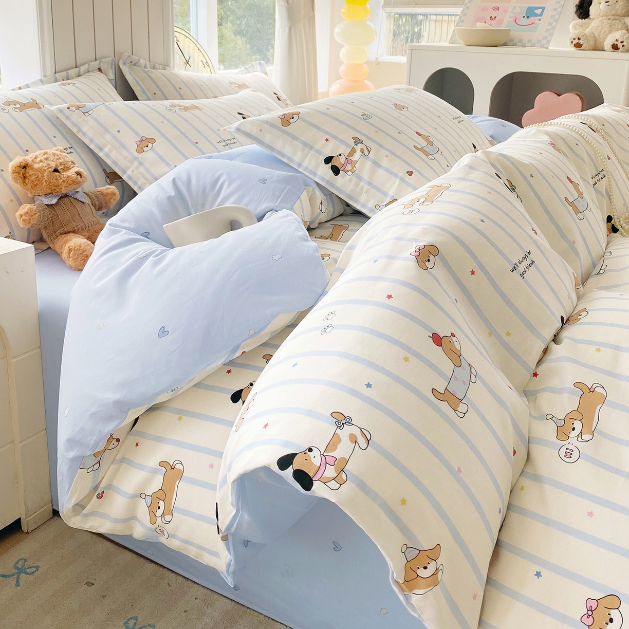 91家纺网 家纺一手货源 找家纺 金丝兔 2026新款ins新疆全棉印花小清新纯棉单被套（提供买家秀和质检报告） 条纹小狗