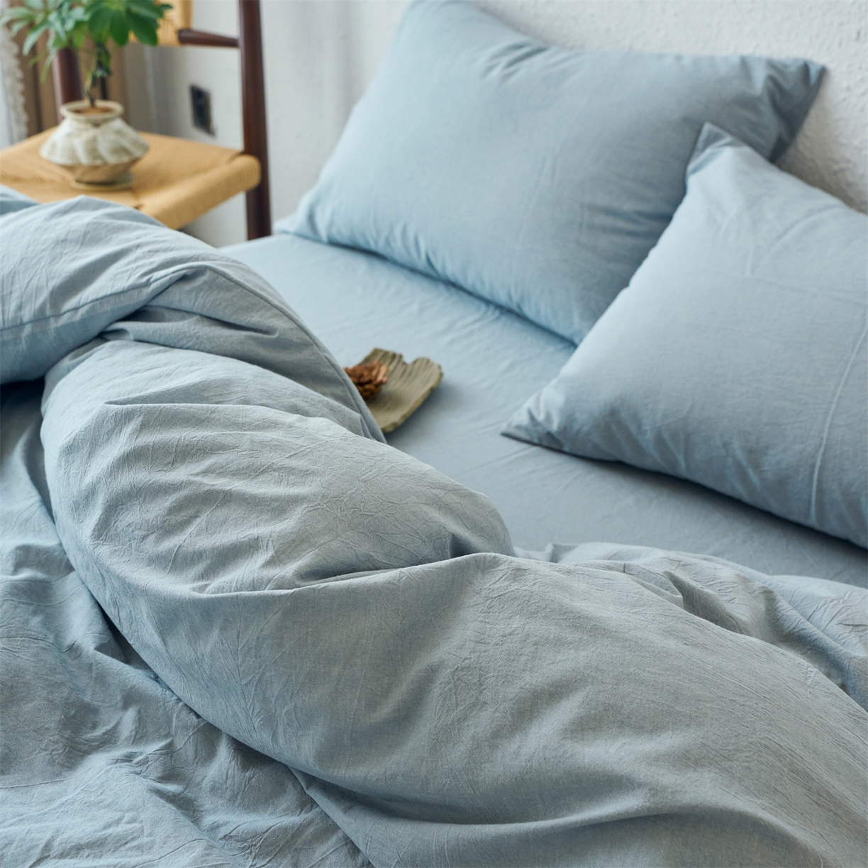 91家纺网 家纺一手货源 找家纺 兰紫橙家纺 2026新款A类色织纯色全棉水洗棉四件套 全棉水洗棉-浅蓝