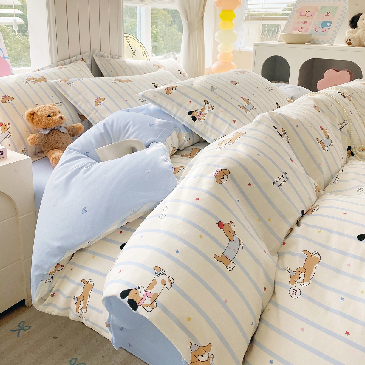 91家纺网 家纺一手货源 找家纺 金丝兔 2026新款ins新疆全棉印花小清新纯棉单被套（提供买家秀和质检报告） 条纹小狗