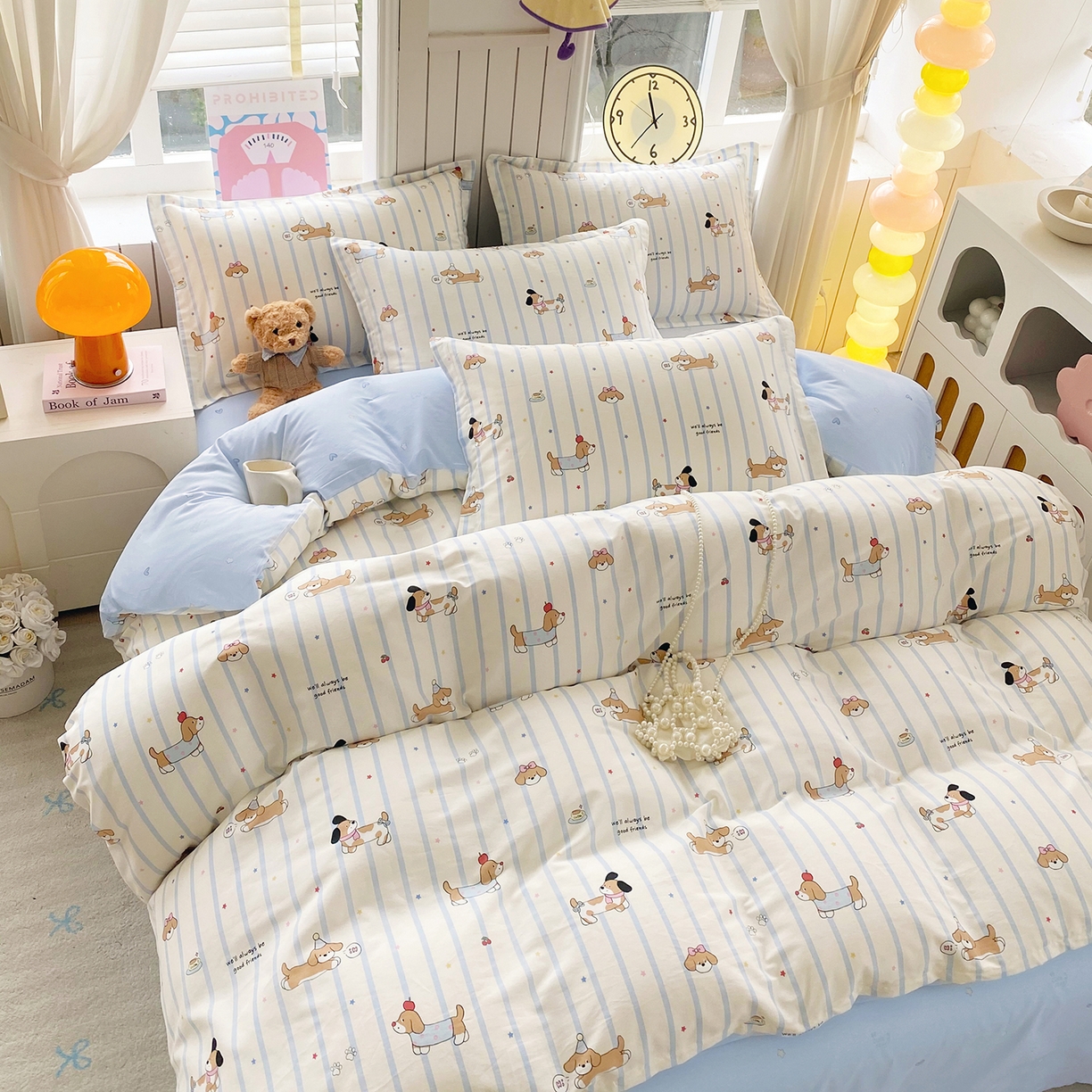 91家纺网 家纺一手货源 找家纺 金丝兔 2026新款ins新疆全棉印花小清新纯棉单被套（提供买家秀和质检报告） 条纹小狗