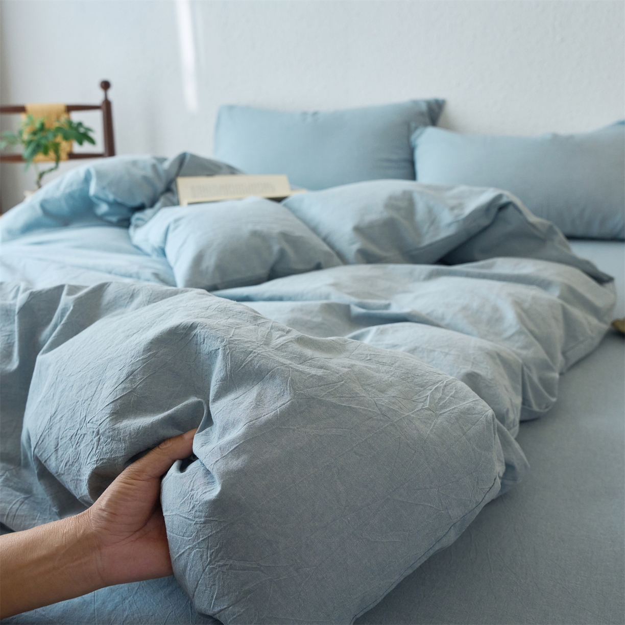 91家纺网 家纺一手货源 找家纺 兰紫橙家纺 2026新款A类色织纯色全棉水洗棉四件套 全棉水洗棉-浅蓝