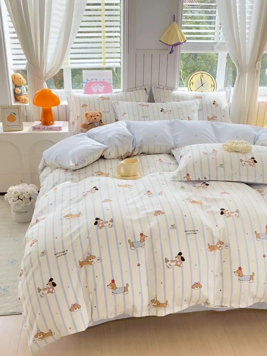 91家纺网 家纺一手货源 找家纺 金丝兔 2026新款ins新疆全棉印花小清新纯棉单被套（提供买家秀和质检报告） 条纹小狗