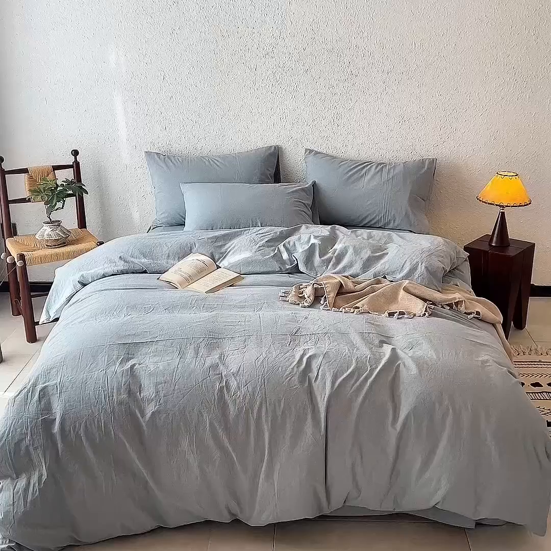 91家纺网 家纺一手货源 找家纺 兰紫橙家纺 2026新款A类色织纯色全棉水洗棉四件套 全棉水洗棉-浅蓝