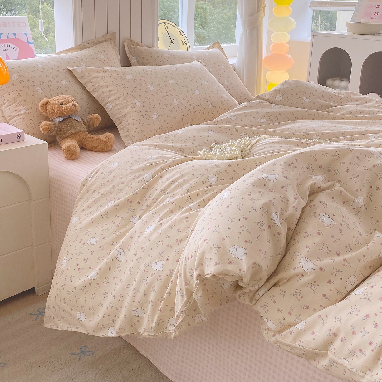 91家纺网 家纺一手货源 找家纺 金丝兔 2026新款ins新疆全棉印花小清新纯棉单被套（提供买家秀和质检报告） 仙妮兔