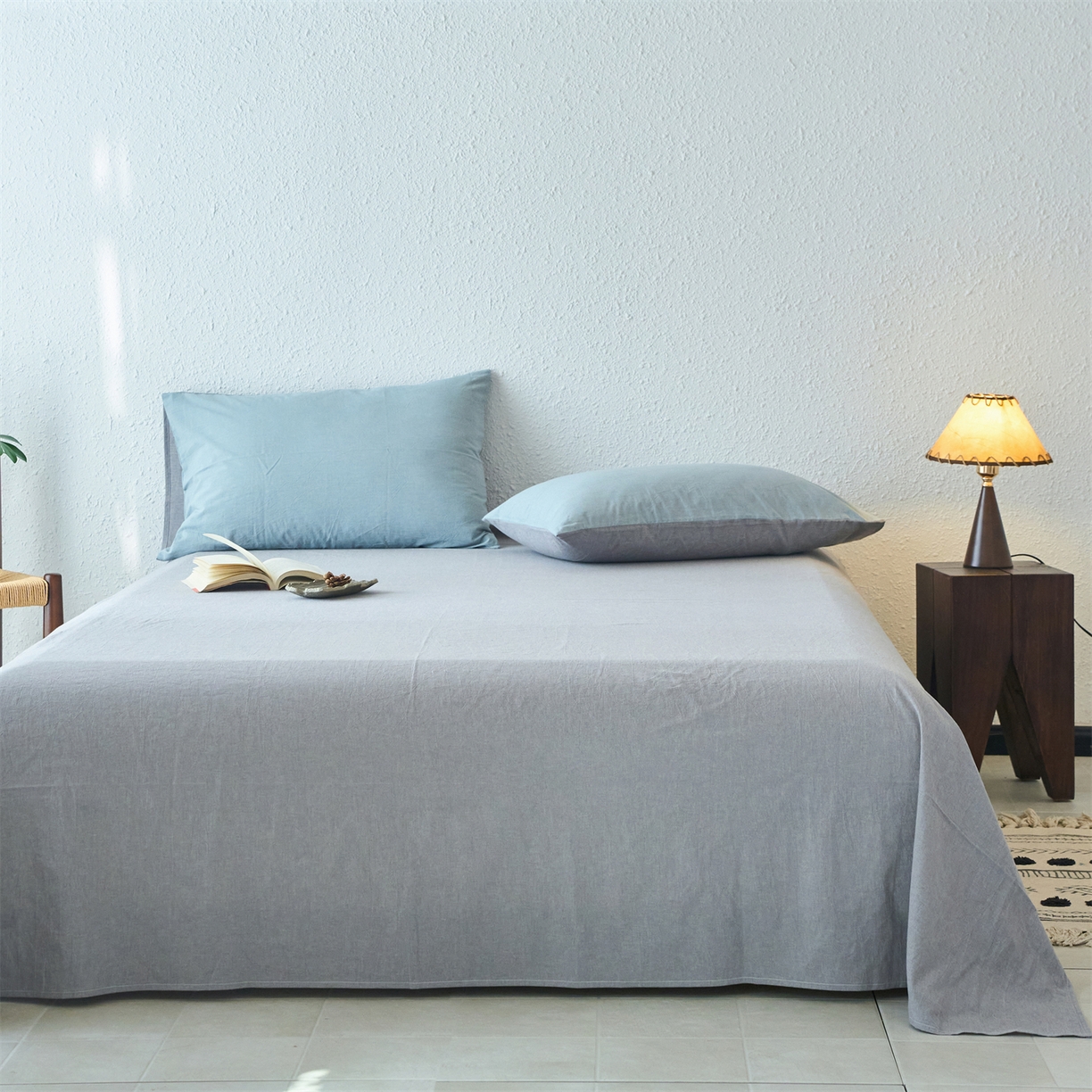 91家纺网 家纺一手货源 找家纺 兰紫橙家纺 2026新款A类色织纯色全棉水洗棉四件套 全棉水洗棉-浅蓝+浅灰