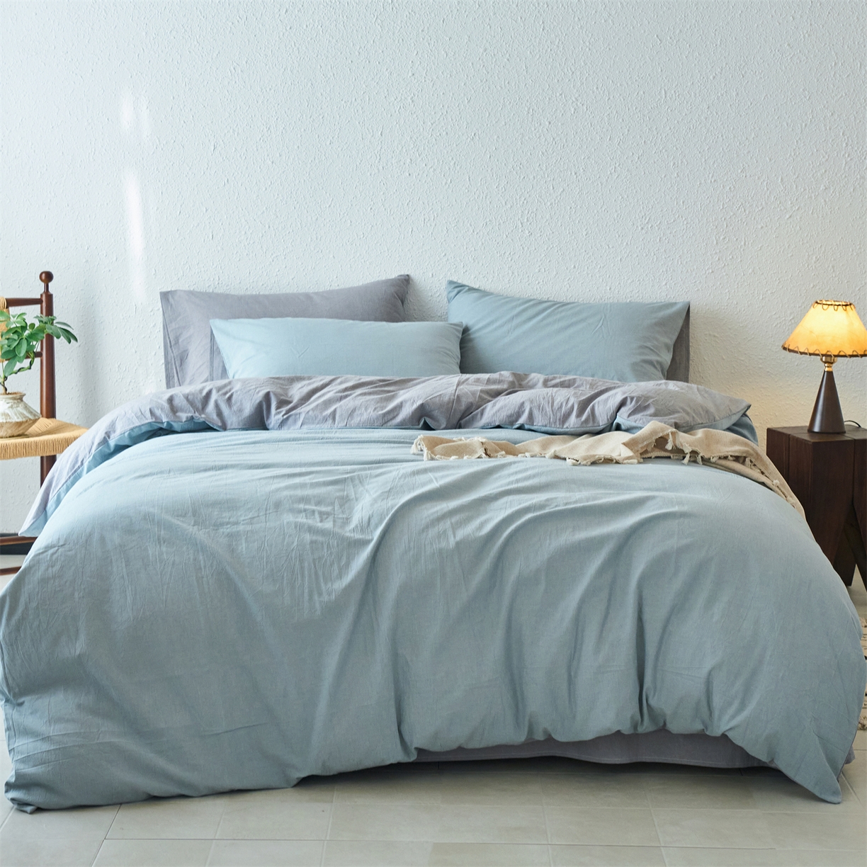 91家纺网 家纺一手货源 找家纺 兰紫橙家纺 2026新款A类色织纯色全棉水洗棉四件套 全棉水洗棉-浅蓝+浅灰