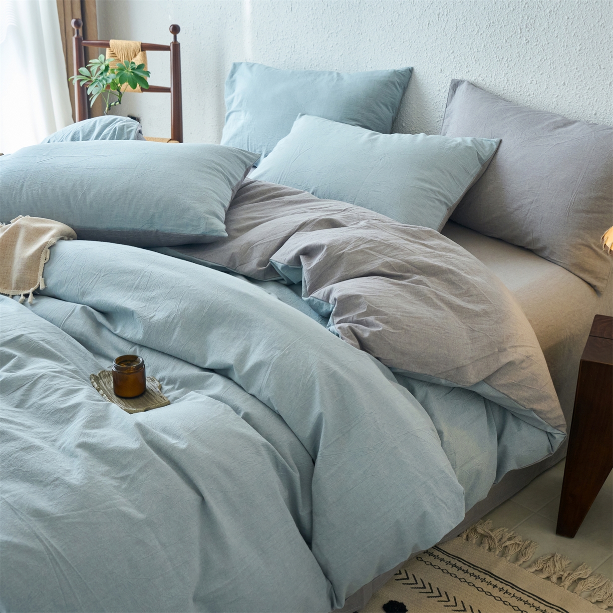 91家纺网 家纺一手货源 找家纺 兰紫橙家纺 2026新款A类色织纯色全棉水洗棉四件套 全棉水洗棉-浅蓝+浅灰