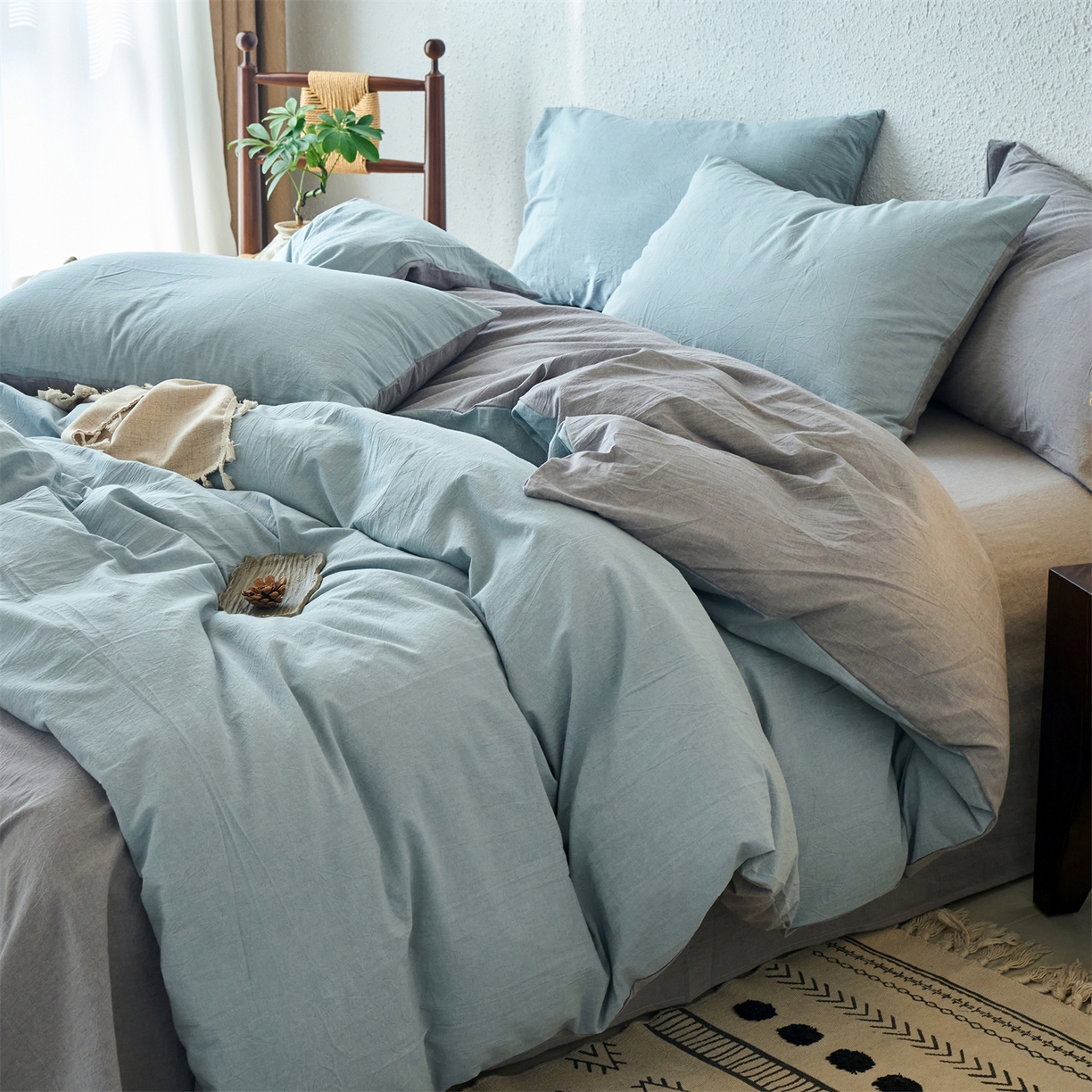 91家纺网 家纺一手货源 找家纺 兰紫橙家纺 2026新款A类色织纯色全棉水洗棉四件套 全棉水洗棉-浅蓝+浅灰