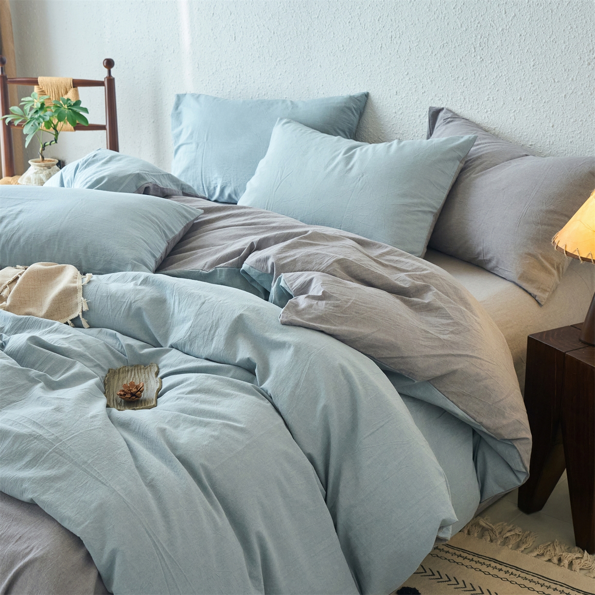 91家纺网 家纺一手货源 找家纺 兰紫橙家纺 2026新款A类色织纯色全棉水洗棉四件套 全棉水洗棉-浅蓝+浅灰