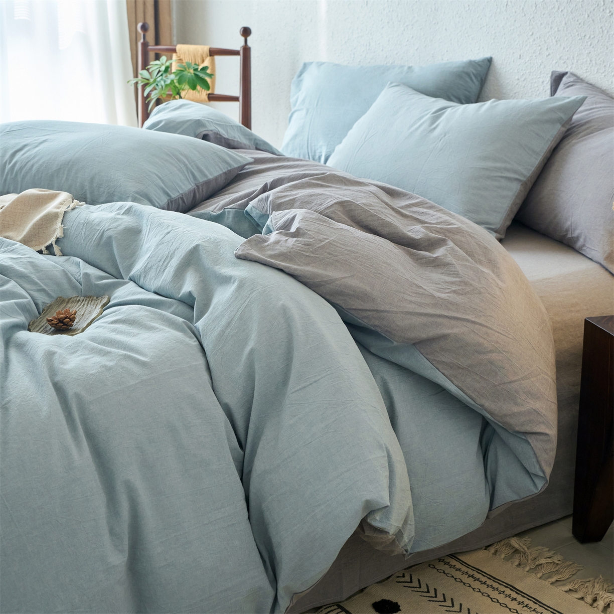 91家纺网 家纺一手货源 找家纺 兰紫橙家纺 2026新款A类色织纯色全棉水洗棉四件套 全棉水洗棉-浅蓝+浅灰