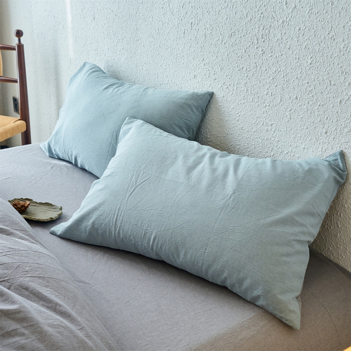 91家纺网 家纺一手货源 找家纺 兰紫橙家纺 2026新款A类色织纯色全棉水洗棉四件套 全棉水洗棉-浅蓝+浅灰