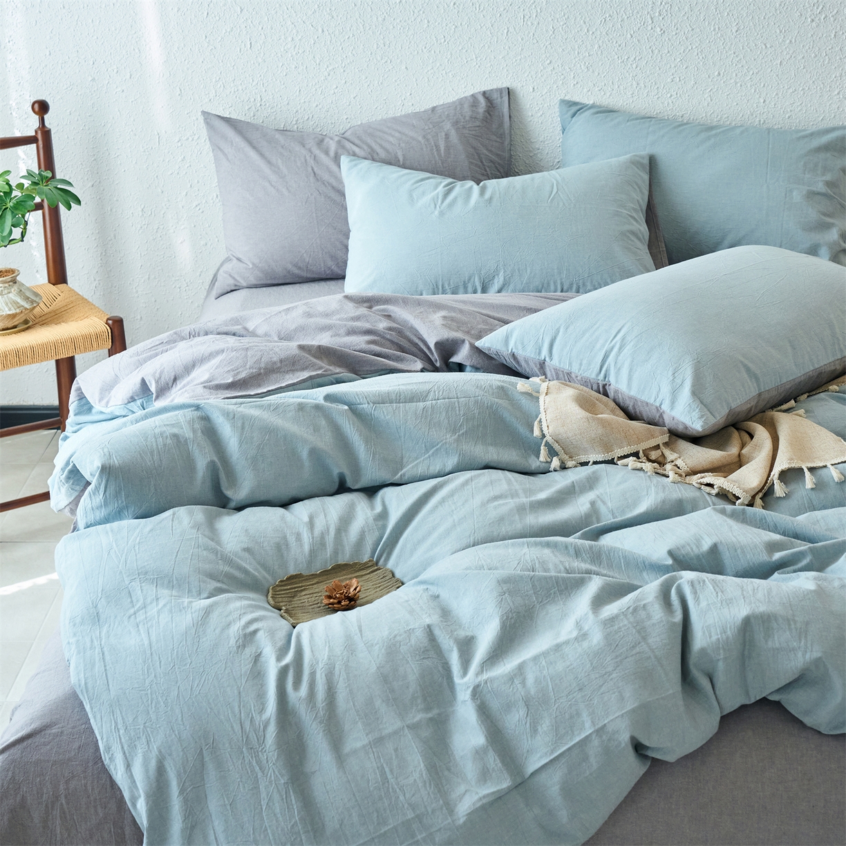 91家纺网 家纺一手货源 找家纺 兰紫橙家纺 2026新款A类色织纯色全棉水洗棉四件套 全棉水洗棉-浅蓝+浅灰