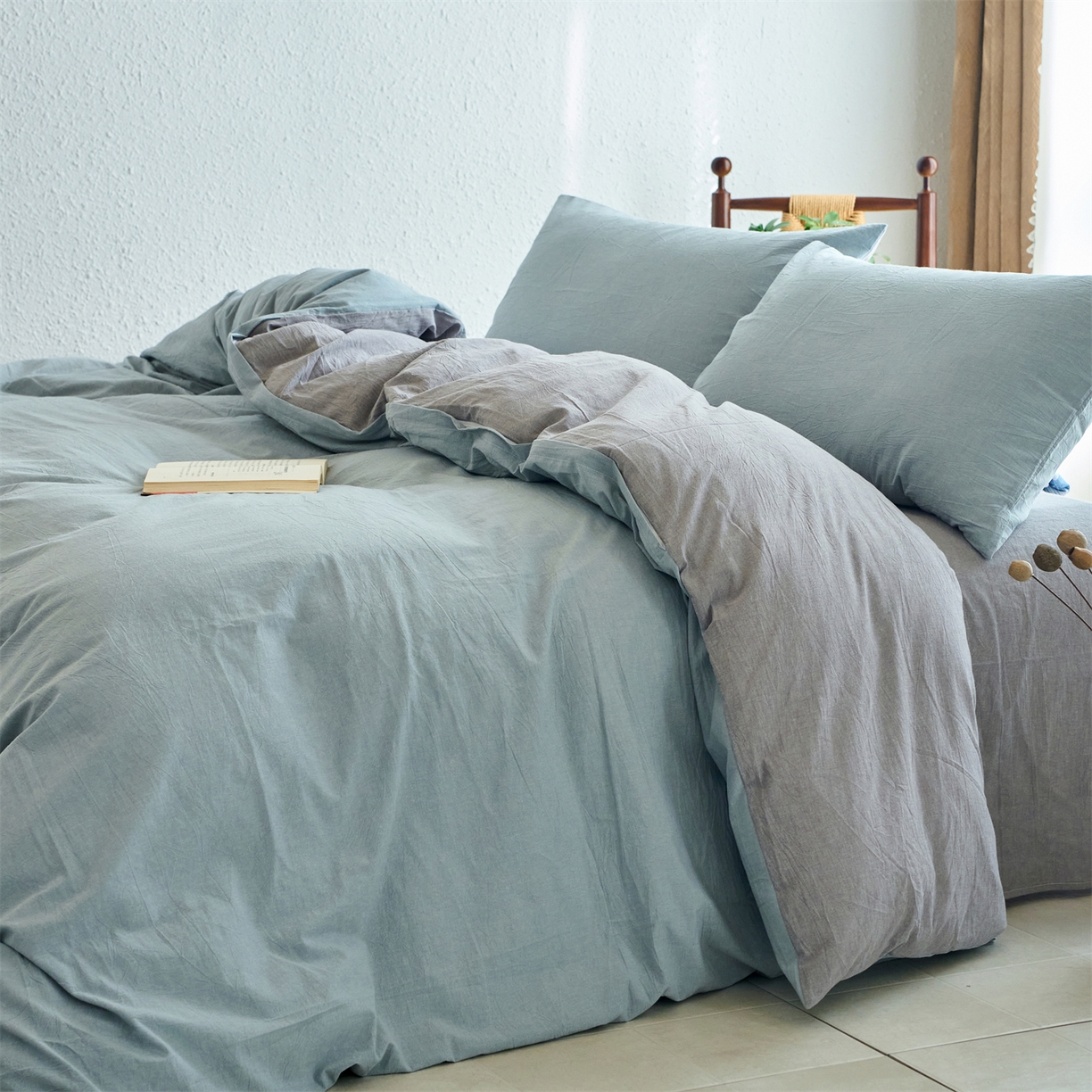 91家纺网 家纺一手货源 找家纺 兰紫橙家纺 2026新款A类色织纯色全棉水洗棉四件套 全棉水洗棉-浅蓝+浅灰