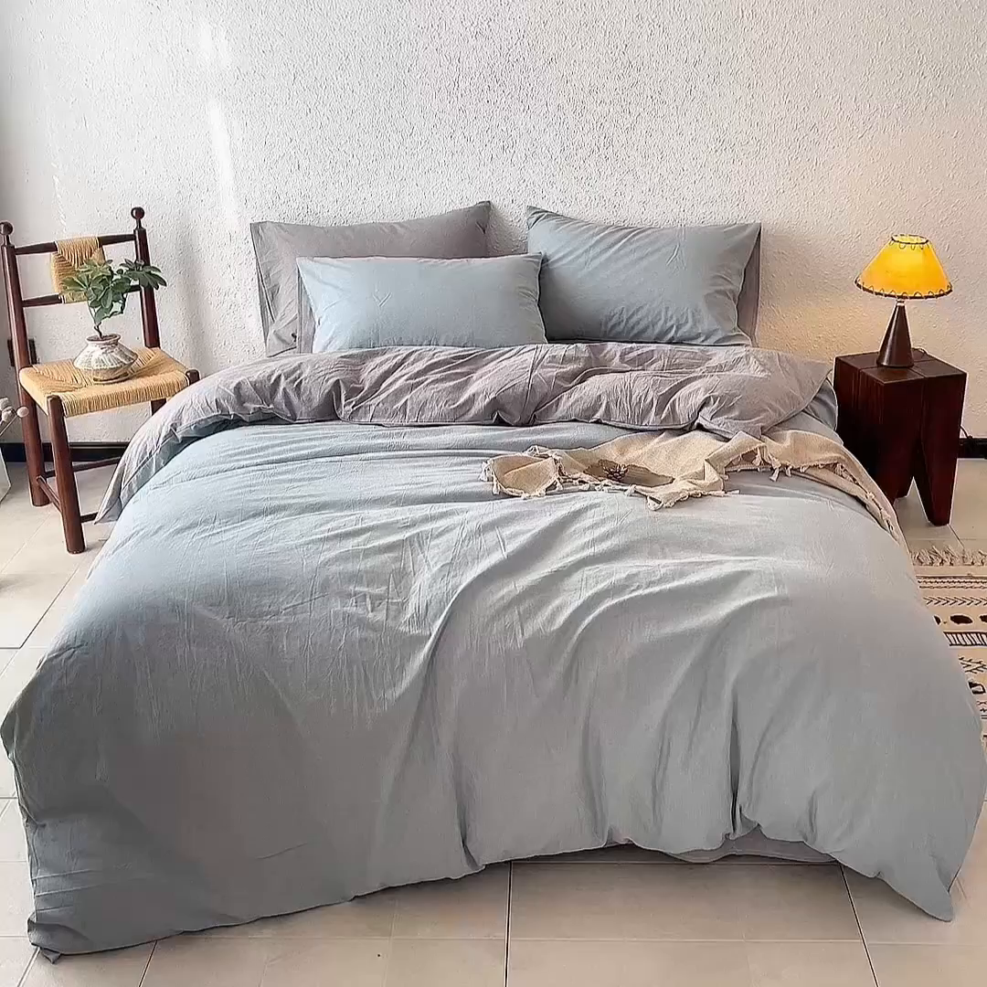 91家纺网 家纺一手货源 找家纺 兰紫橙家纺 2026新款A类色织纯色全棉水洗棉四件套 全棉水洗棉-浅蓝+浅灰