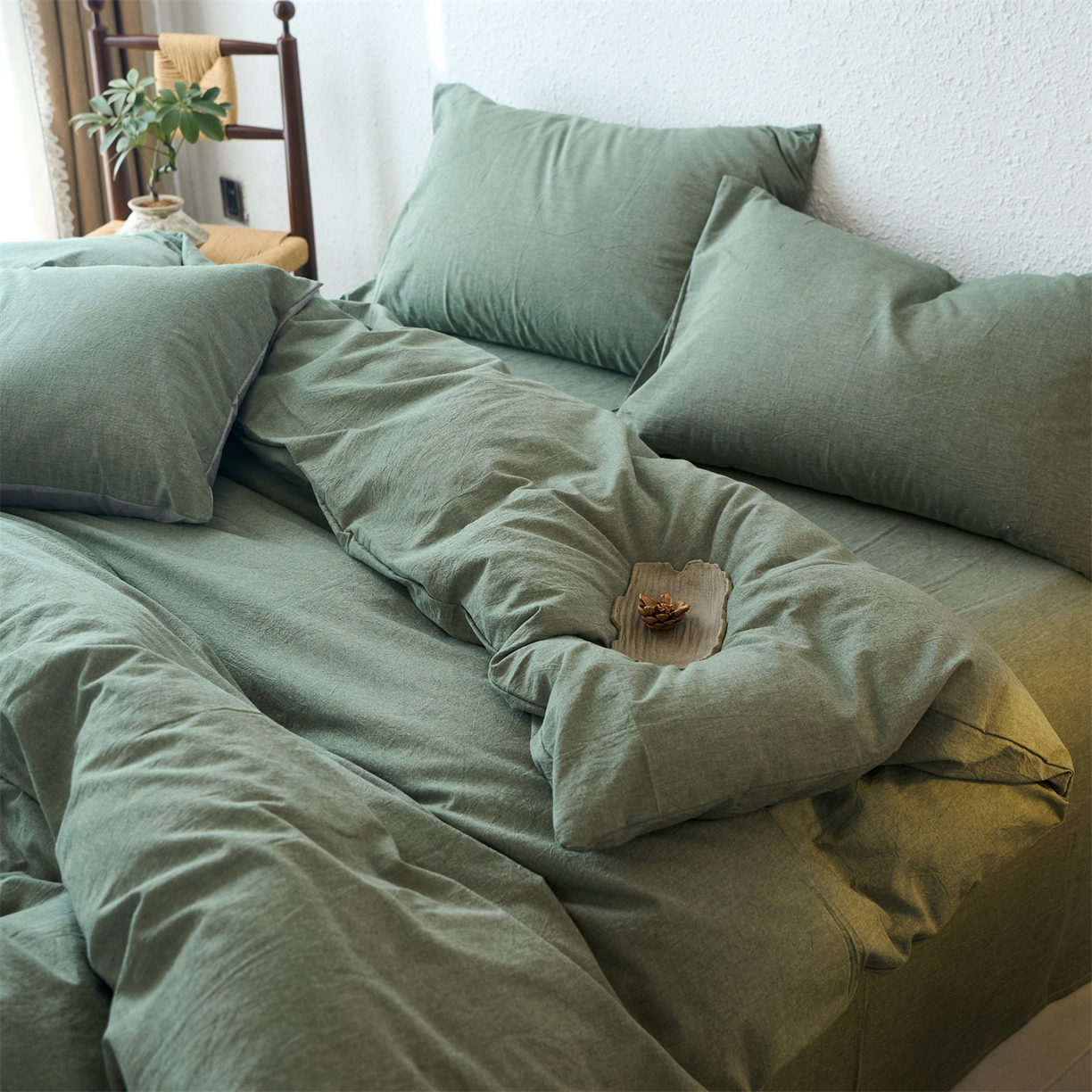 91家纺网 家纺一手货源 找家纺 兰紫橙家纺 2026新款A类色织纯色全棉水洗棉四件套 全棉水洗棉-松绿