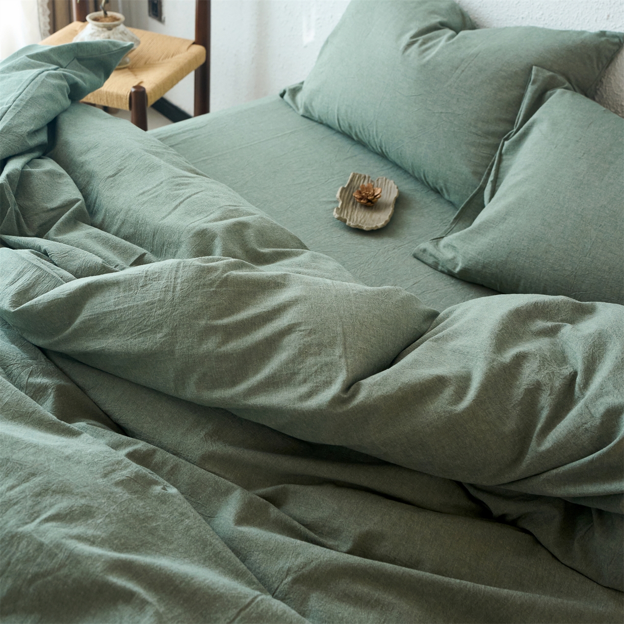 91家纺网 家纺一手货源 找家纺 兰紫橙家纺 2026新款A类色织纯色全棉水洗棉四件套 全棉水洗棉-松绿