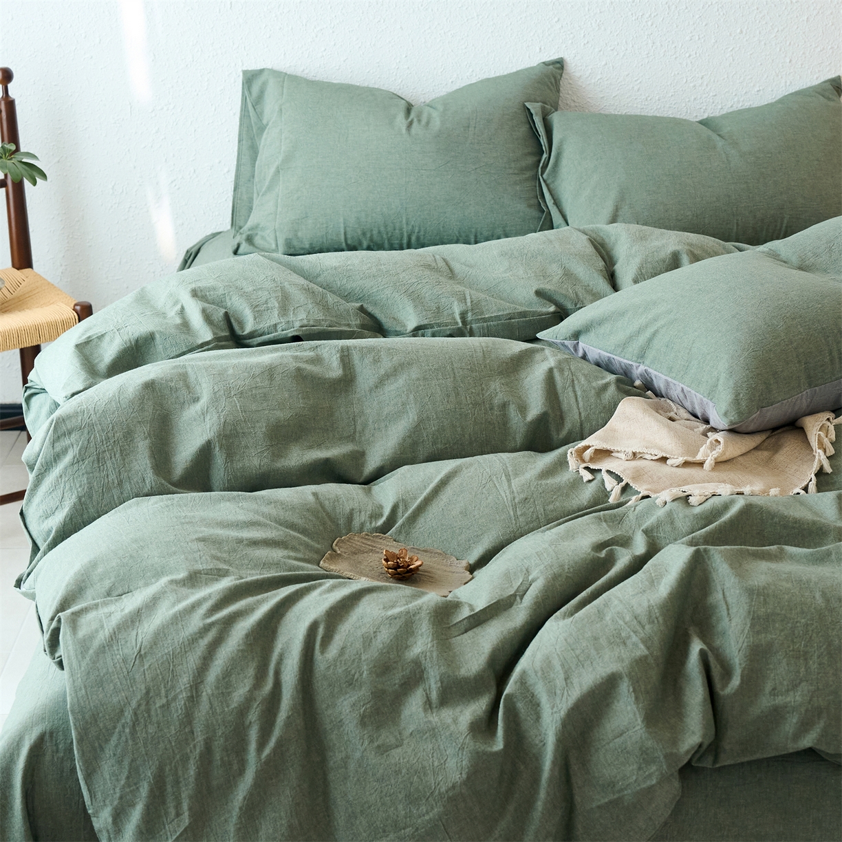 91家纺网 家纺一手货源 找家纺 兰紫橙家纺 2026新款A类色织纯色全棉水洗棉四件套 全棉水洗棉-松绿