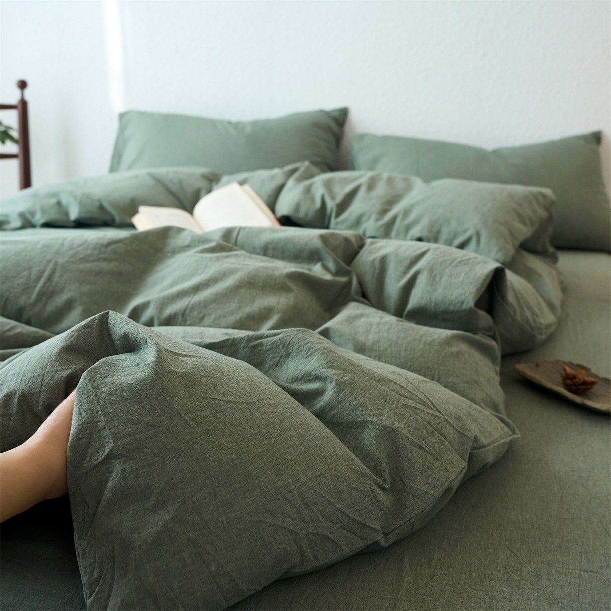 91家纺网 家纺一手货源 找家纺 兰紫橙家纺 2026新款A类色织纯色全棉水洗棉四件套 全棉水洗棉-松绿