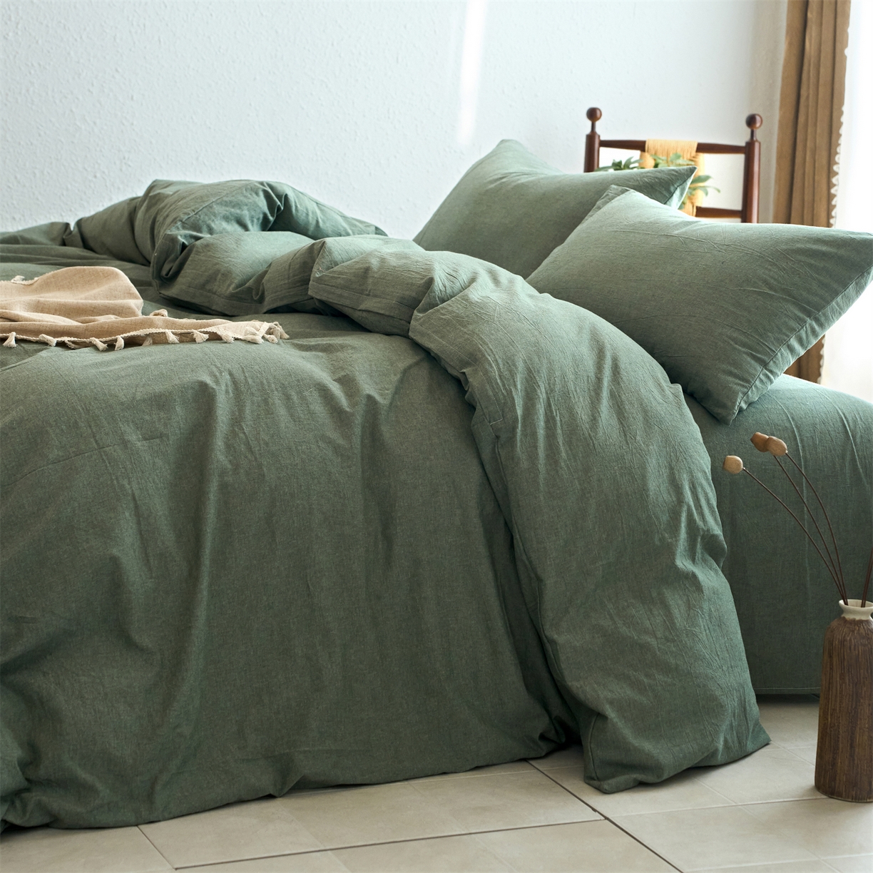 91家纺网 家纺一手货源 找家纺 兰紫橙家纺 2026新款A类色织纯色全棉水洗棉四件套 全棉水洗棉-松绿