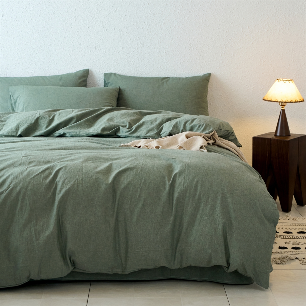 91家纺网 家纺一手货源 找家纺 兰紫橙家纺 2026新款A类色织纯色全棉水洗棉四件套 全棉水洗棉-松绿