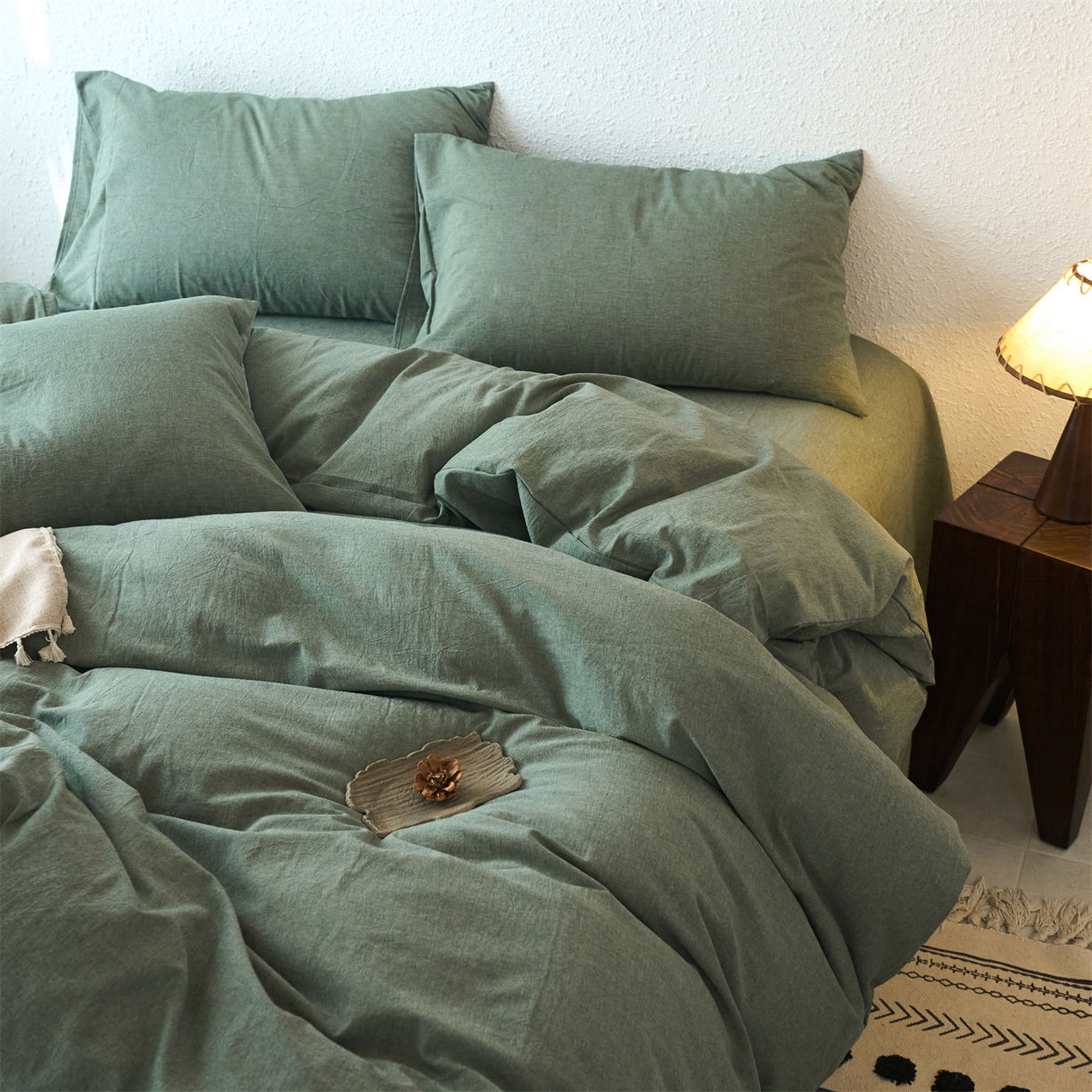 91家纺网 家纺一手货源 找家纺 兰紫橙家纺 2026新款A类色织纯色全棉水洗棉四件套 全棉水洗棉-松绿