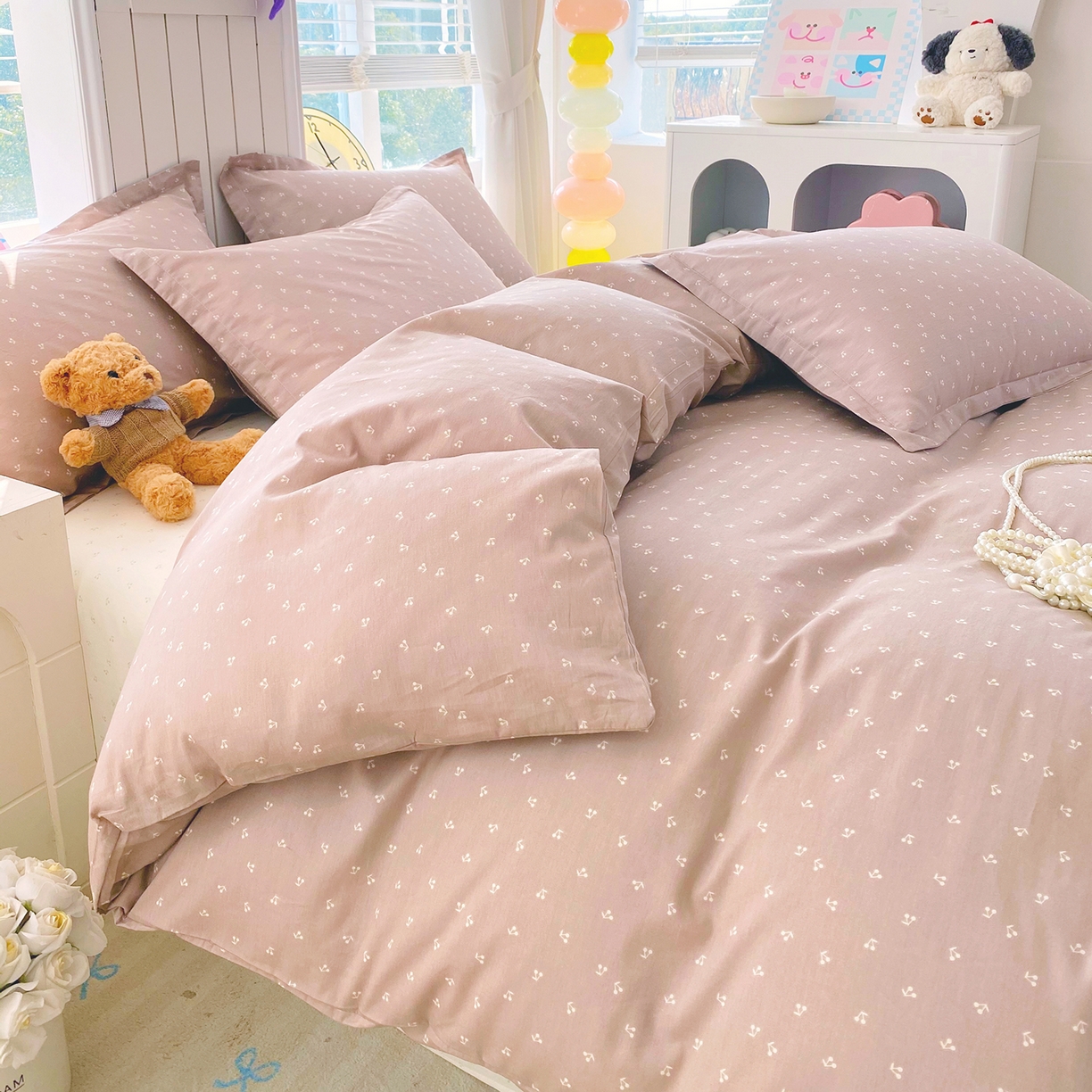 91家纺网 家纺一手货源 找家纺 金丝兔 2026新款ins新疆全棉印花小清新纯棉单被套（提供买家秀和质检报告） 樱桃-粉