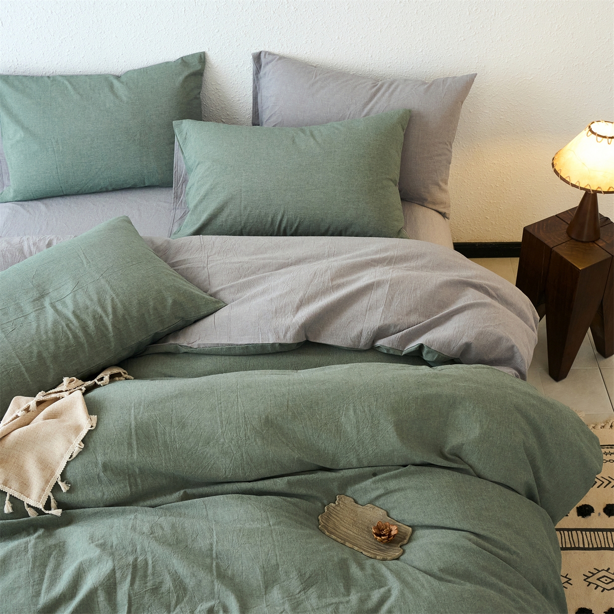 兰紫橙家纺 2026新款A类色织纯色全棉水洗棉四件套 全棉水洗棉-松绿+浅灰