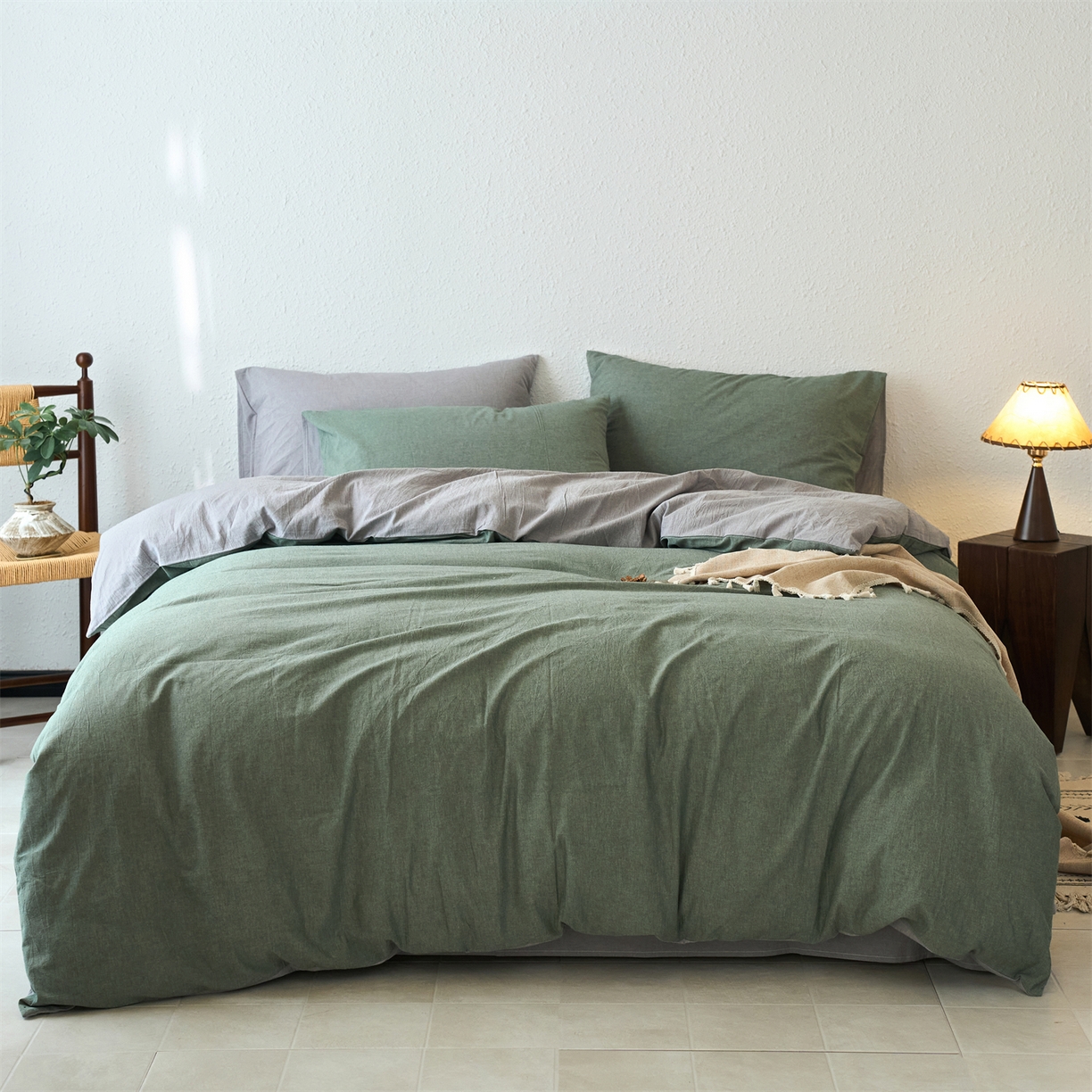 91家纺网 家纺一手货源 找家纺 兰紫橙家纺 2026新款A类色织纯色全棉水洗棉四件套 全棉水洗棉-松绿+浅灰