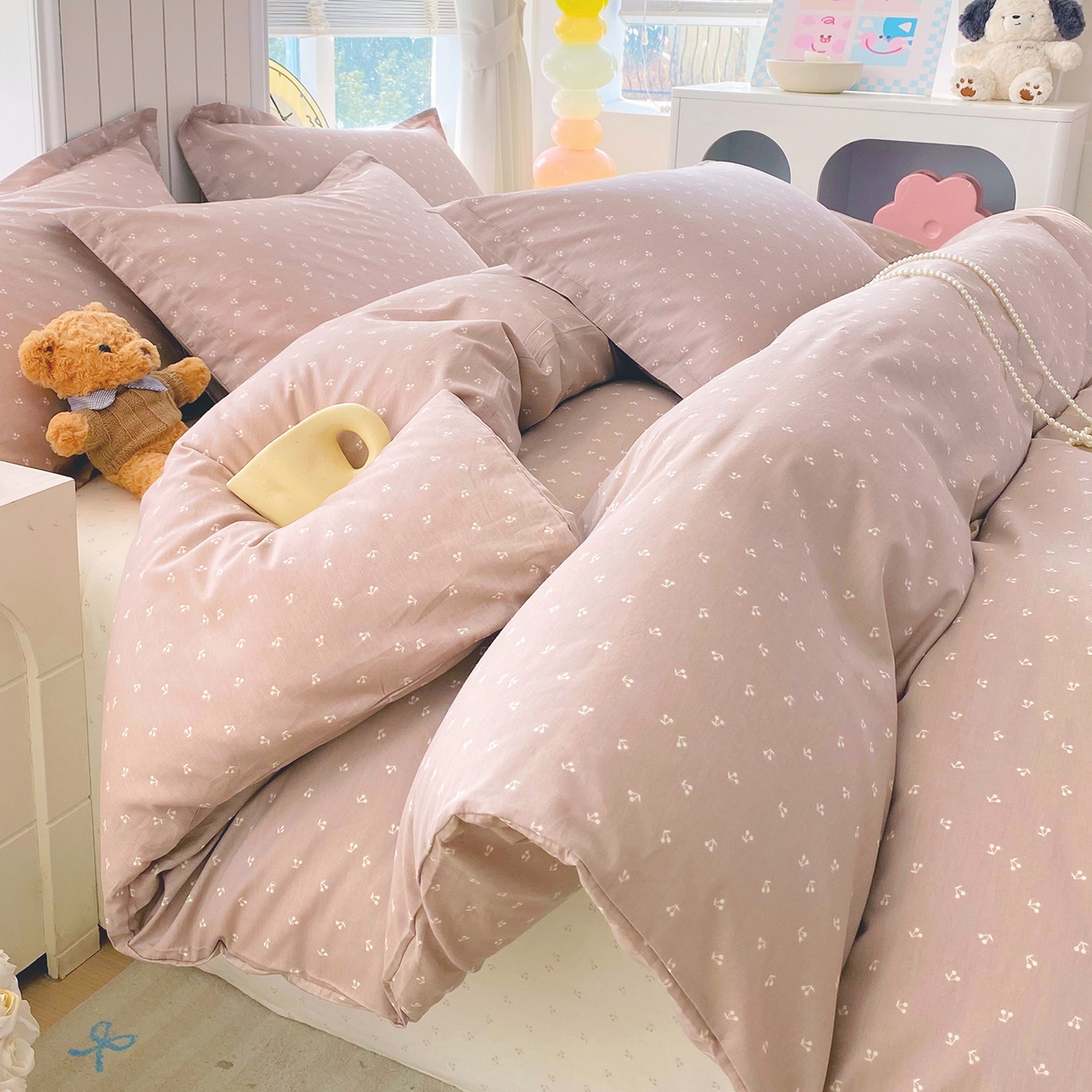 91家纺网 家纺一手货源 找家纺 金丝兔 2026新款ins新疆全棉印花小清新纯棉单被套（提供买家秀和质检报告） 樱桃-粉