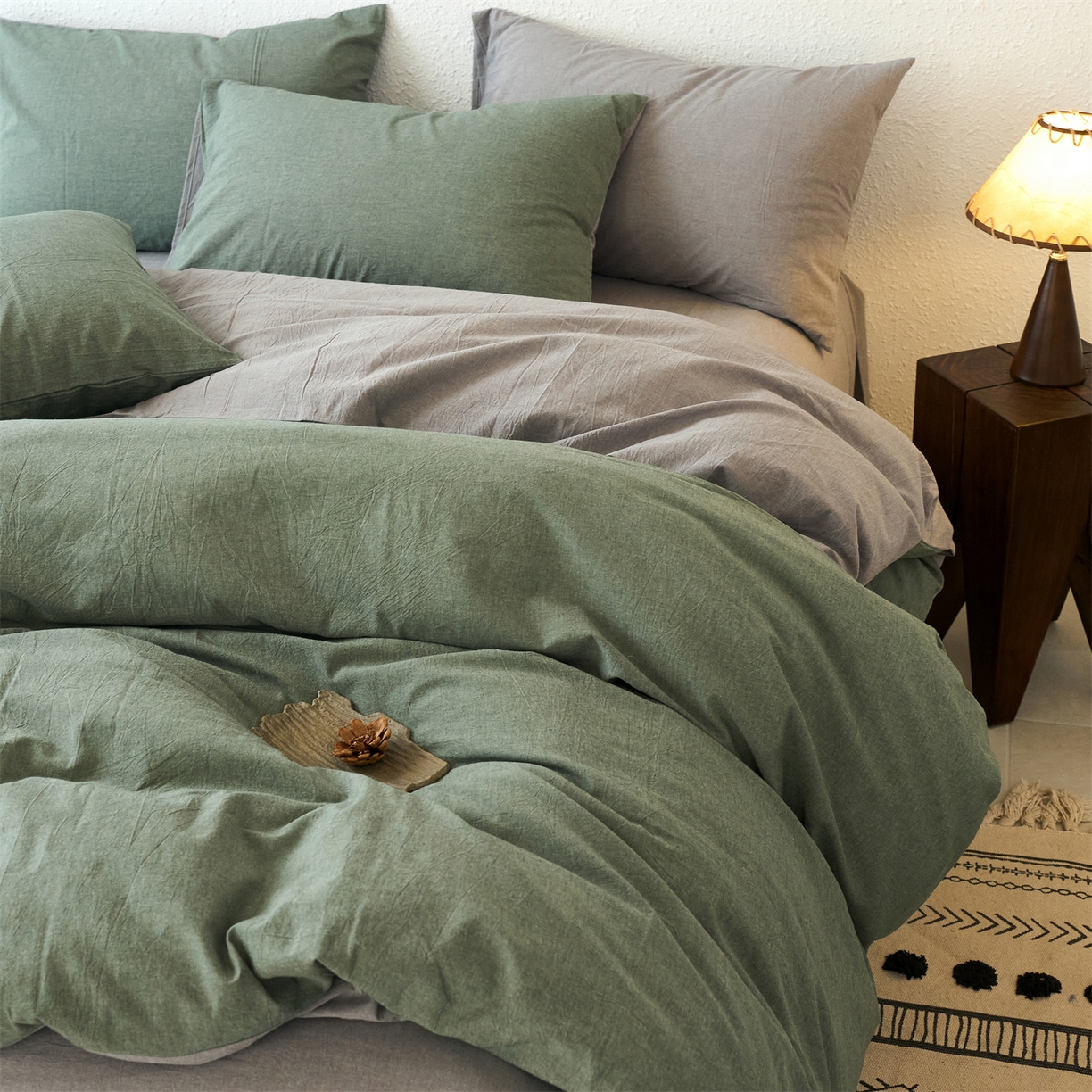 91家纺网 家纺一手货源 找家纺 兰紫橙家纺 2026新款A类色织纯色全棉水洗棉四件套 全棉水洗棉-松绿+浅灰