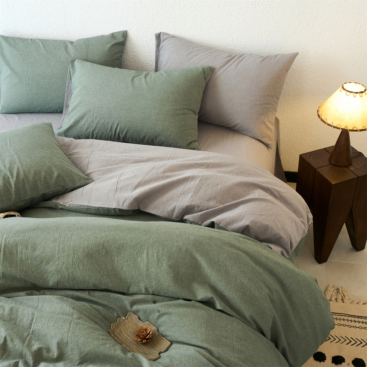91家纺网 家纺一手货源 找家纺 兰紫橙家纺 2026新款A类色织纯色全棉水洗棉四件套 全棉水洗棉-松绿+浅灰