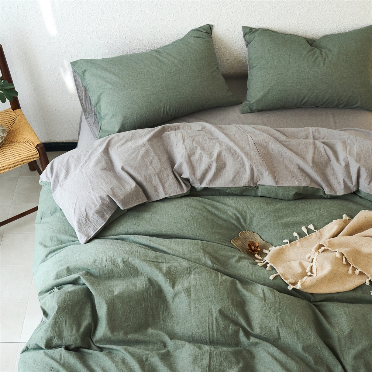 91家纺网 家纺一手货源 找家纺 兰紫橙家纺 2026新款A类色织纯色全棉水洗棉四件套 全棉水洗棉-松绿+浅灰