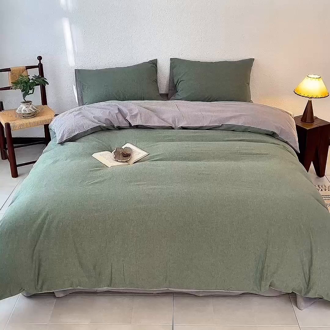 91家纺网 家纺一手货源 找家纺 兰紫橙家纺 2026新款A类色织纯色全棉水洗棉四件套 全棉水洗棉-松绿+浅灰