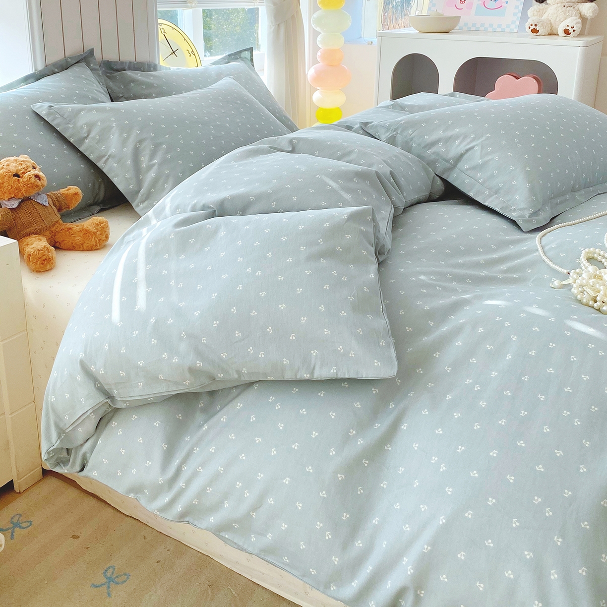 91家纺网 家纺一手货源 找家纺 金丝兔 2026新款ins新疆全棉印花小清新纯棉单被套（提供买家秀和质检报告） 樱桃-蓝