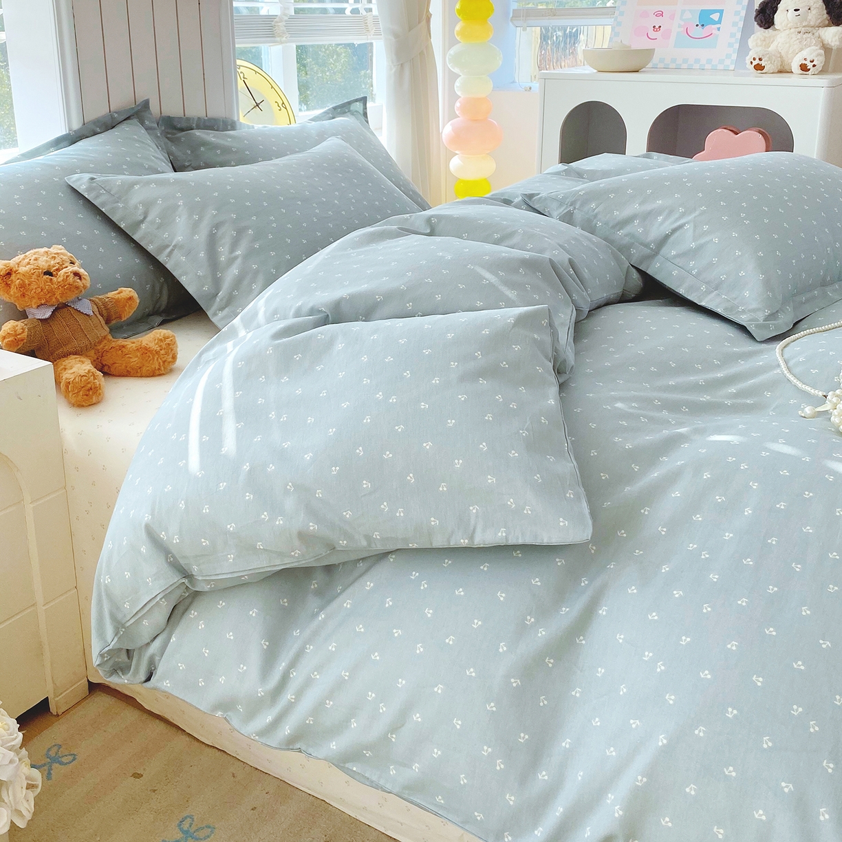 91家纺网 家纺一手货源 找家纺 金丝兔 2026新款ins新疆全棉印花小清新纯棉单被套（提供买家秀和质检报告） 樱桃-蓝