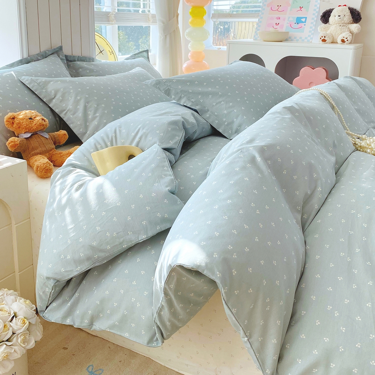 91家纺网 家纺一手货源 找家纺 金丝兔 2026新款ins新疆全棉印花小清新纯棉单被套（提供买家秀和质检报告） 樱桃-蓝