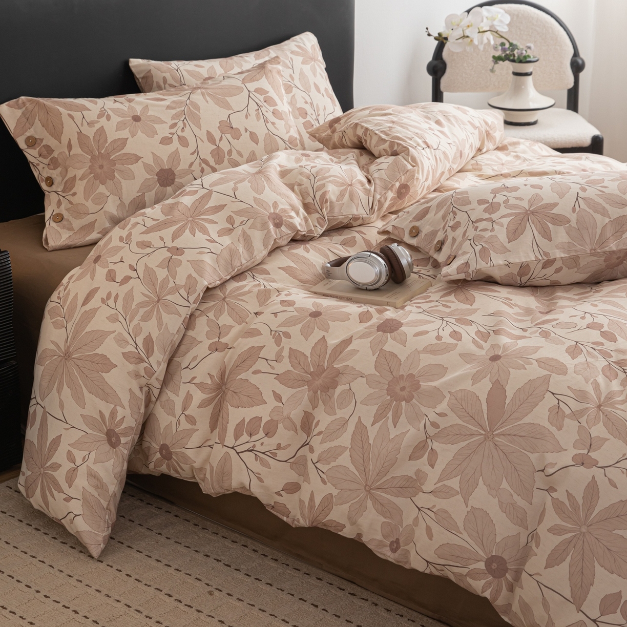 91家纺网 家纺一手货源 找家纺 简宜家居（朝初家纺） 2026新款亲肤舒适印花棉麻四件套 秋杏叶咖