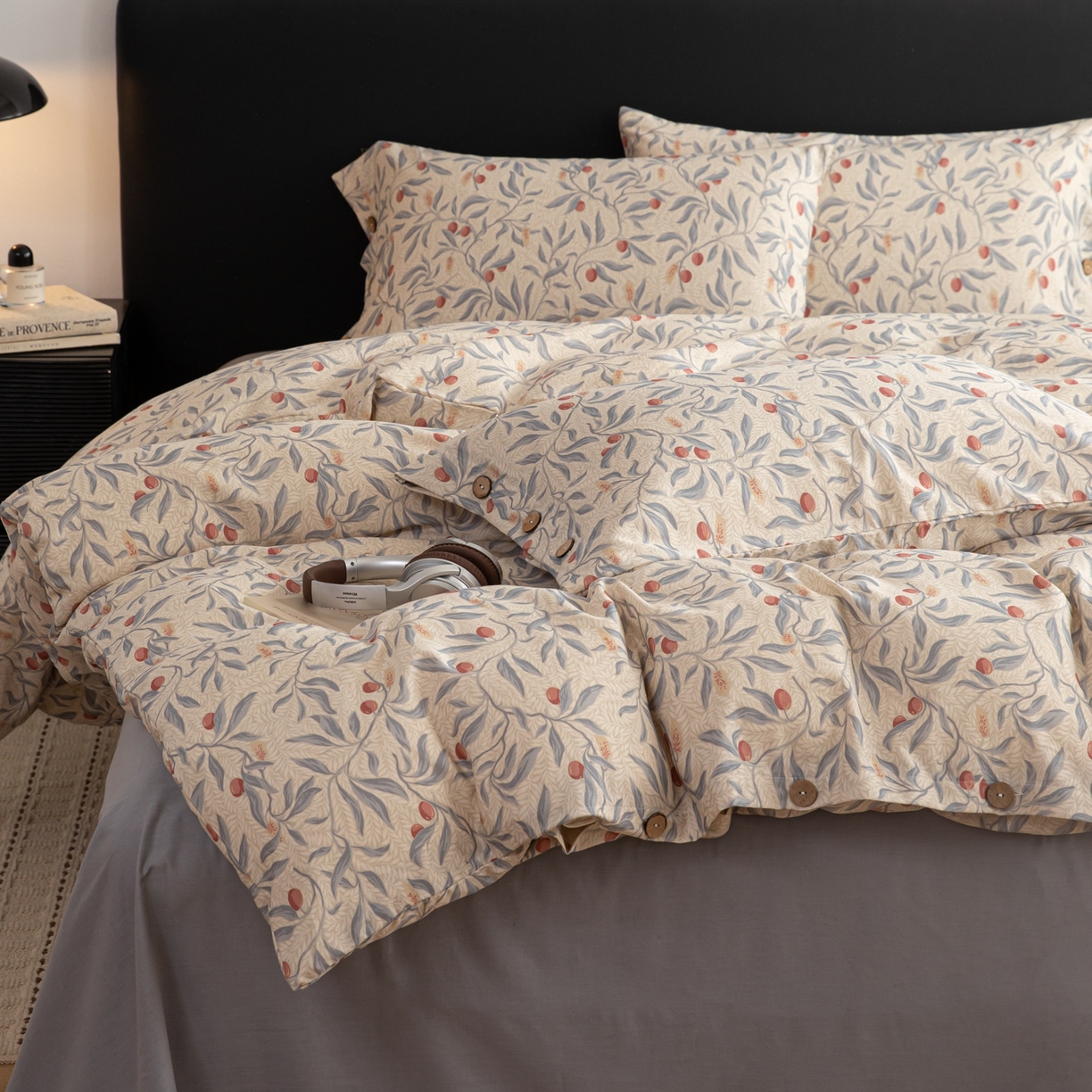 简宜家居（朝初家纺） 2026新款亲肤舒适印花棉麻四件套 蓝叶红果