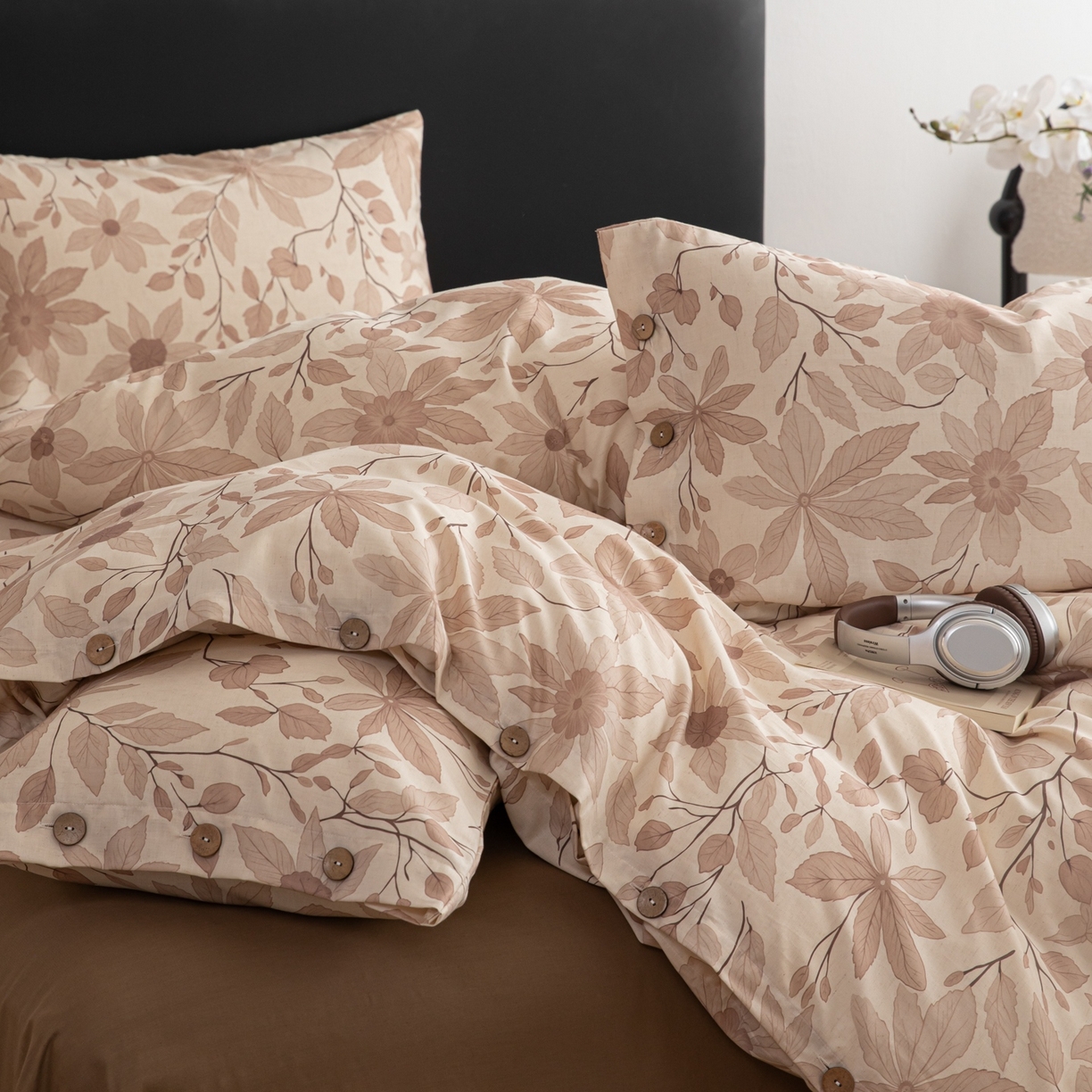 91家纺网 家纺一手货源 找家纺 简宜家居（朝初家纺） 2026新款亲肤舒适印花棉麻四件套 秋杏叶咖