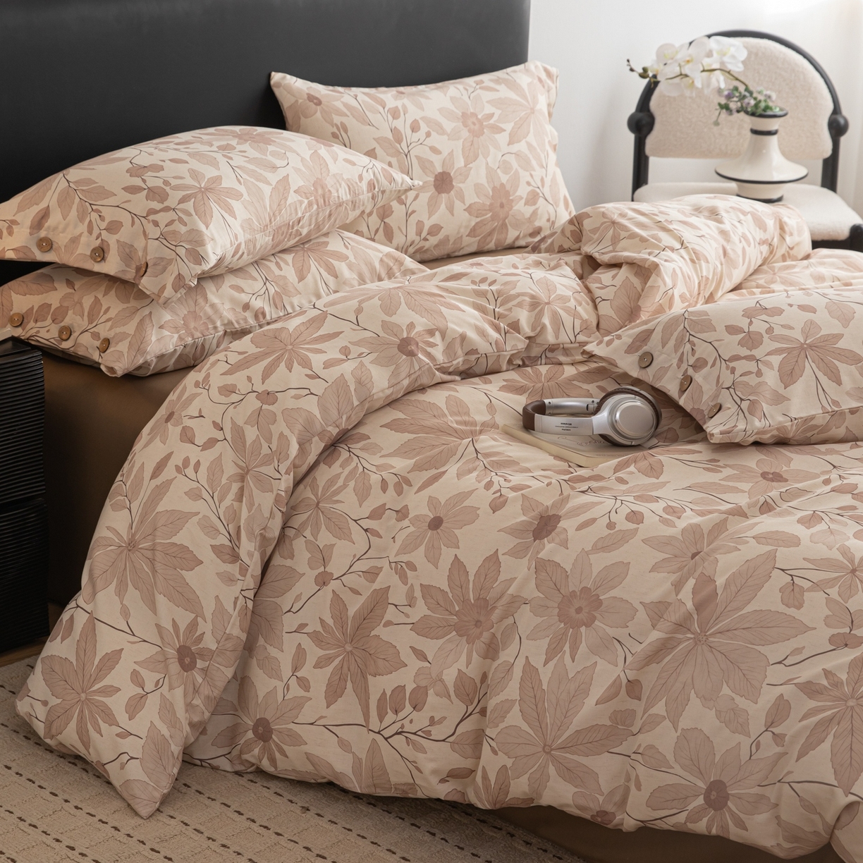 91家纺网 家纺一手货源 找家纺 简宜家居（朝初家纺） 2026新款亲肤舒适印花棉麻四件套 秋杏叶咖