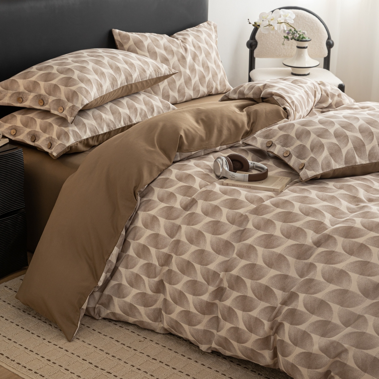 91家纺网 家纺一手货源 找家纺 简宜家居（朝初家纺） 2026新款亲肤舒适印花棉麻四件套 焦糖菱纹