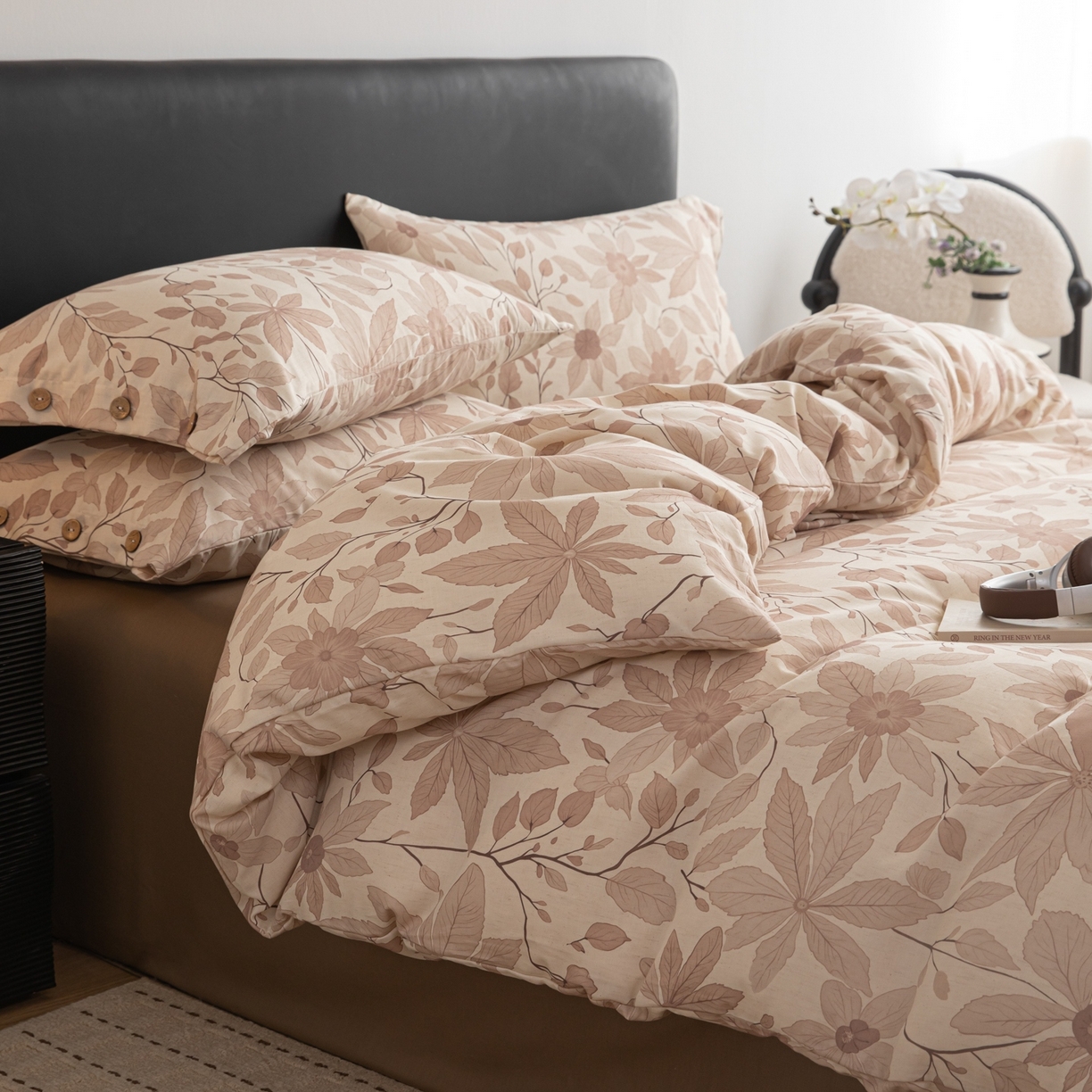 91家纺网 家纺一手货源 找家纺 简宜家居（朝初家纺） 2026新款亲肤舒适印花棉麻四件套 秋杏叶咖