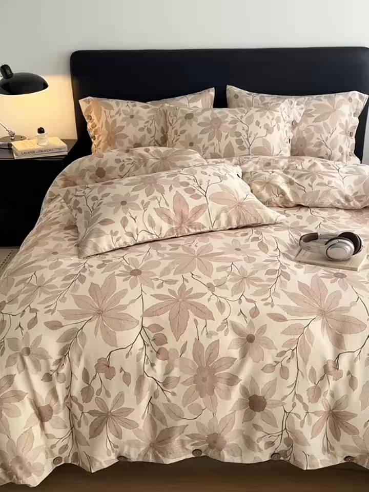 91家纺网 家纺一手货源 找家纺 简宜家居（朝初家纺） 2026新款亲肤舒适印花棉麻四件套 秋杏叶咖