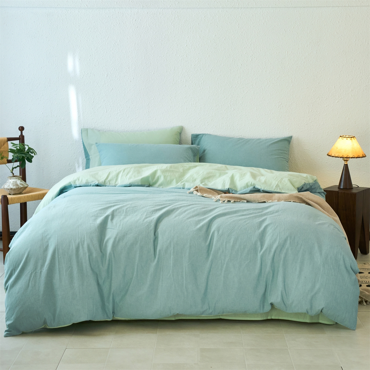 91家纺网 家纺一手货源 找家纺 兰紫橙家纺 2026新款A类色织纯色全棉水洗棉四件套 全棉水洗棉-天蓝+抹茶绿