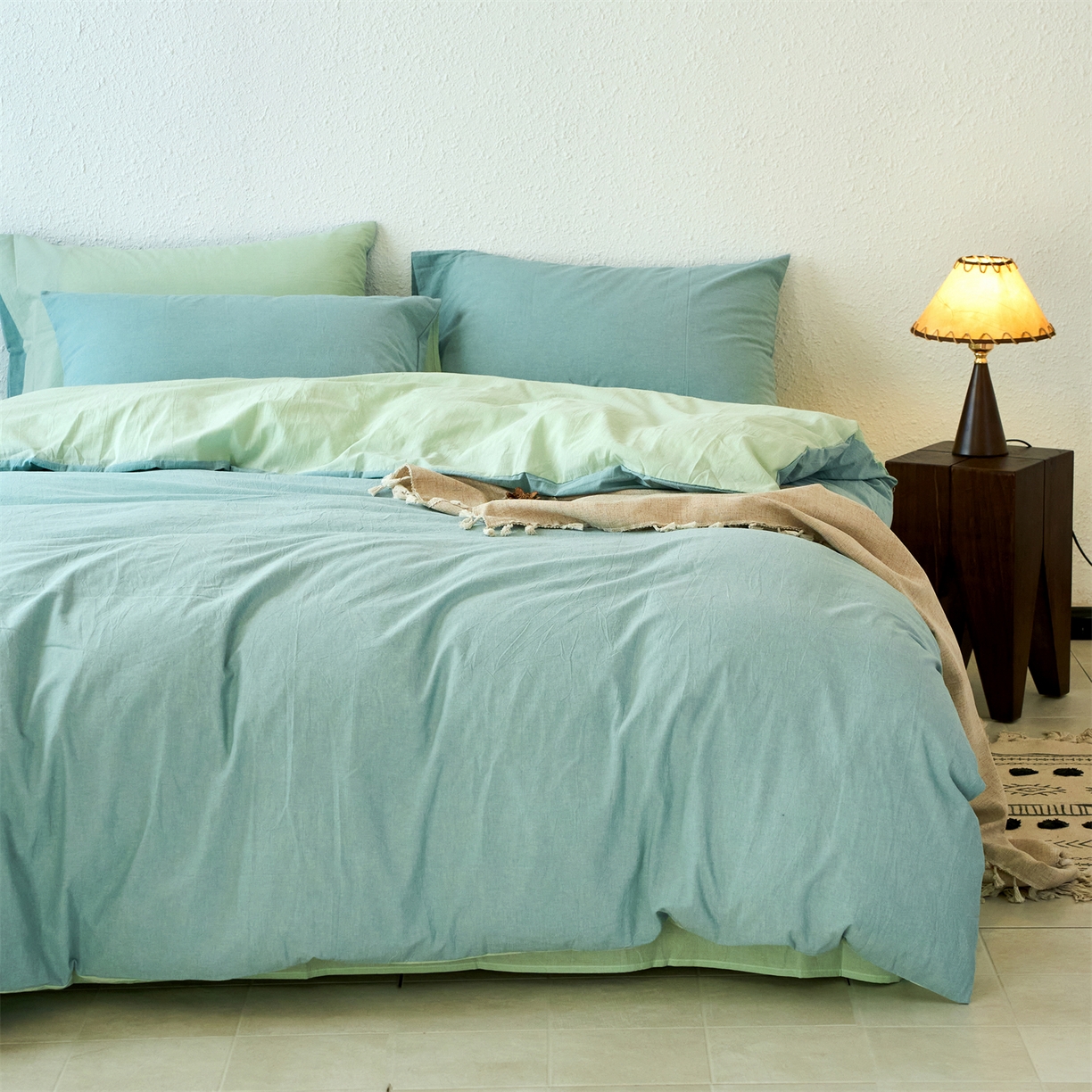 91家纺网 家纺一手货源 找家纺 兰紫橙家纺 2026新款A类色织纯色全棉水洗棉四件套 全棉水洗棉-天蓝+抹茶绿