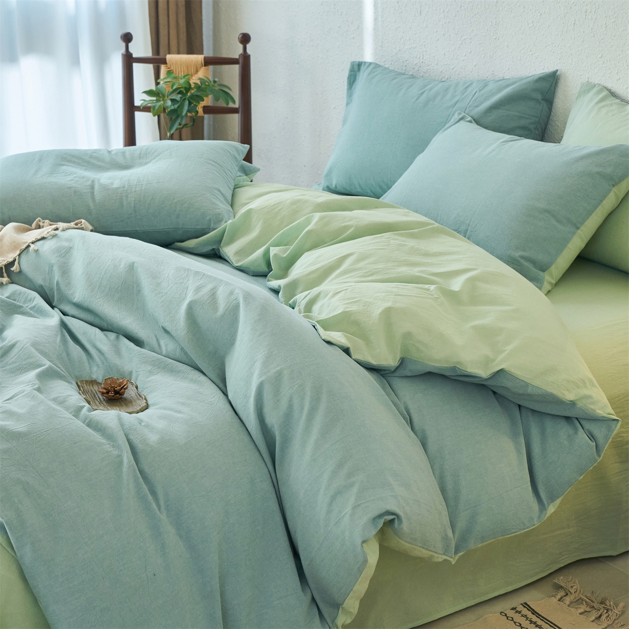 91家纺网 家纺一手货源 找家纺 兰紫橙家纺 2026新款A类色织纯色全棉水洗棉四件套 全棉水洗棉-天蓝+抹茶绿