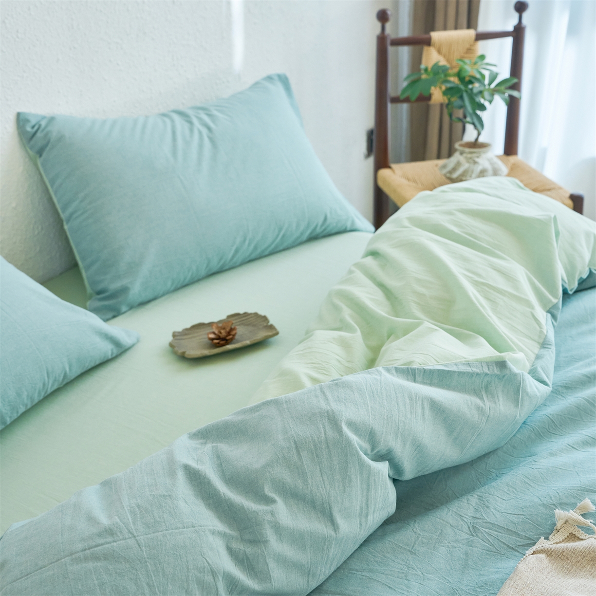 91家纺网 家纺一手货源 找家纺 兰紫橙家纺 2026新款A类色织纯色全棉水洗棉四件套 全棉水洗棉-天蓝+抹茶绿