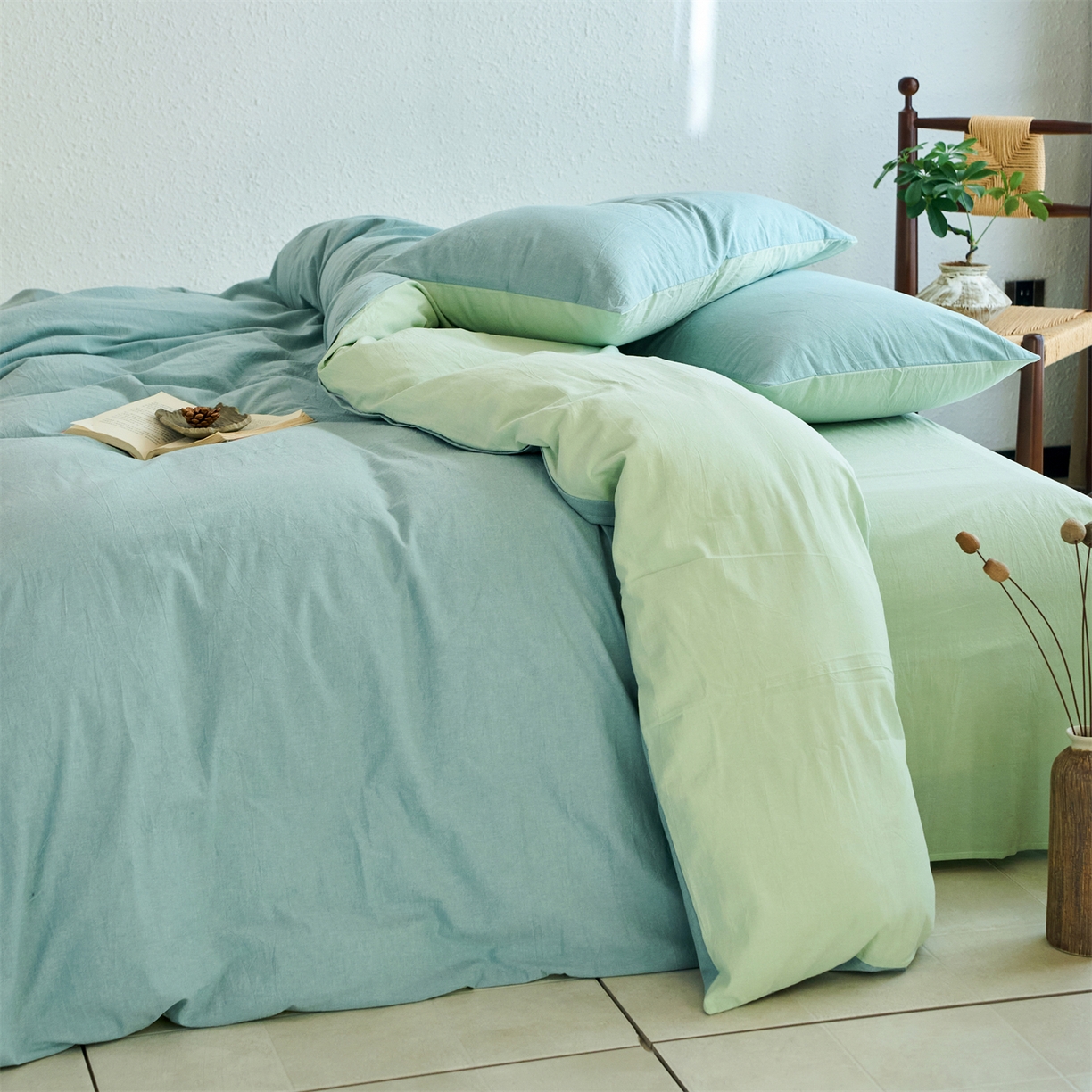 91家纺网 家纺一手货源 找家纺 兰紫橙家纺 2026新款A类色织纯色全棉水洗棉四件套 全棉水洗棉-天蓝+抹茶绿