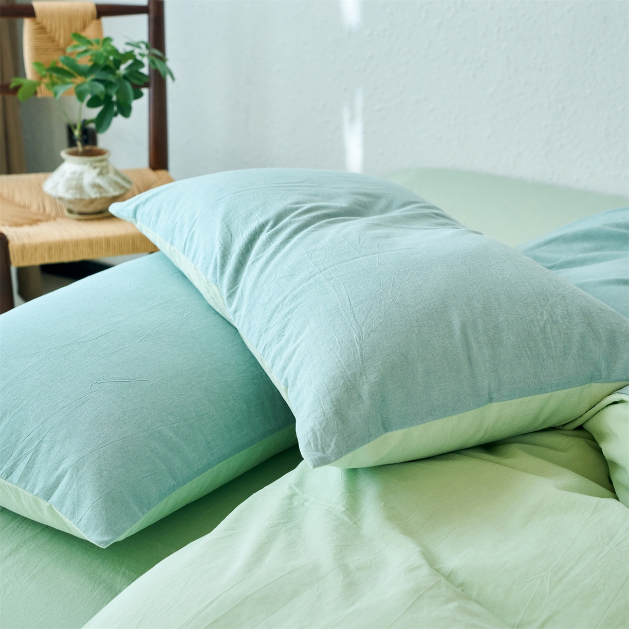 91家纺网 家纺一手货源 找家纺 兰紫橙家纺 2026新款A类色织纯色全棉水洗棉四件套 全棉水洗棉-天蓝+抹茶绿